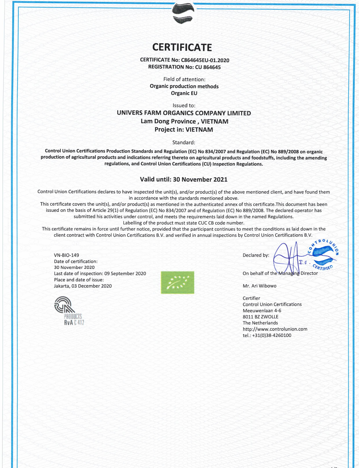 EU Organic Certificate — Univers Farm Organics