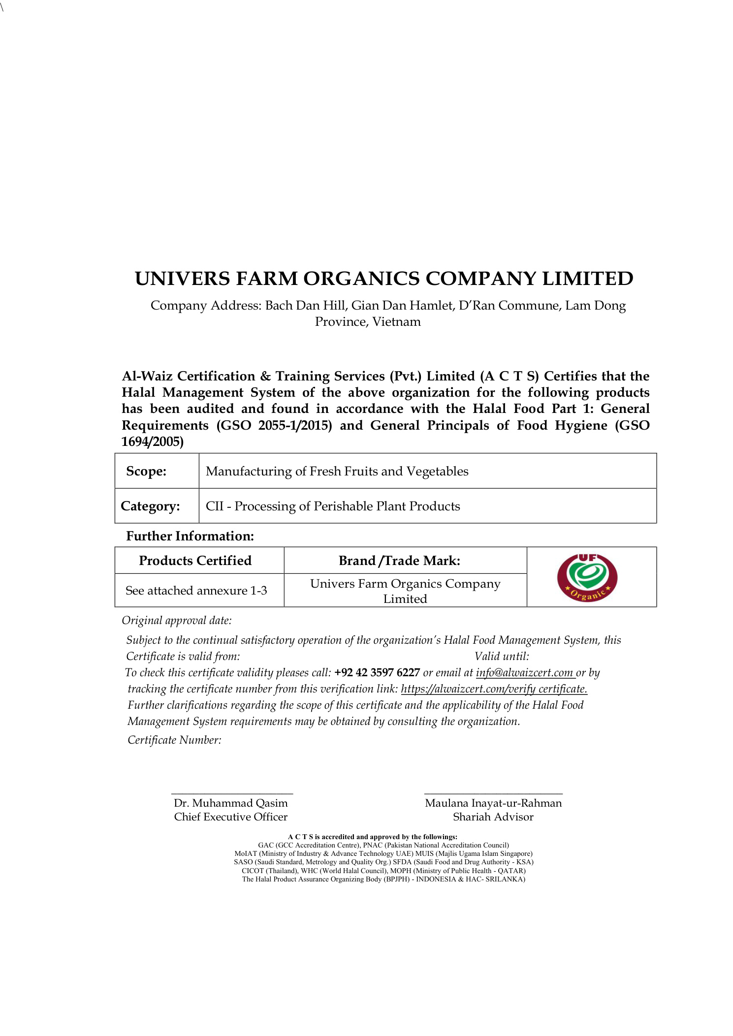 HALAL Certificate — Univers Farm Organics