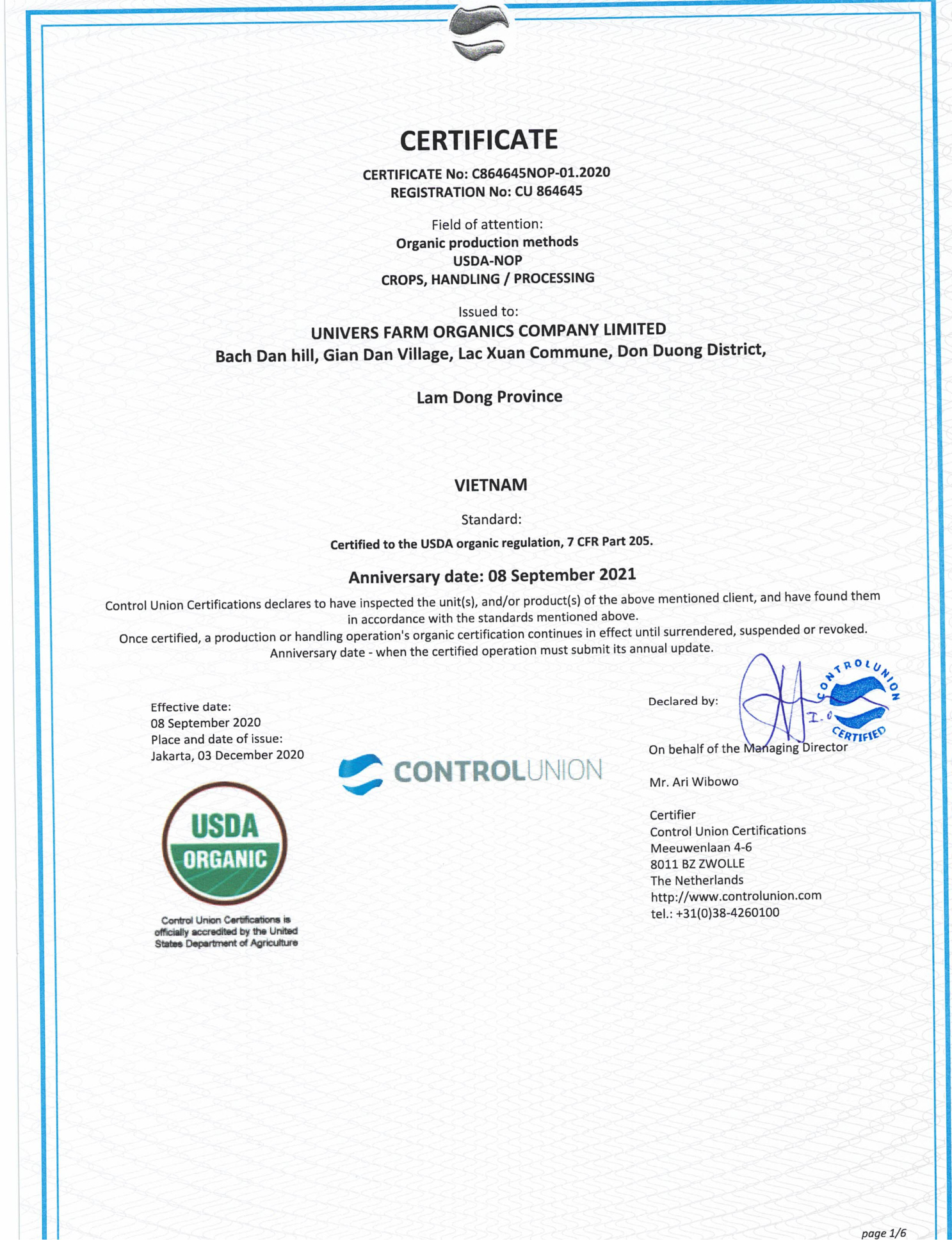 USDA NOP Organic Certificate — Univers Farm Organics